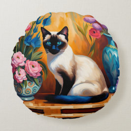 Siamese kat en boeketten in vazen waterverf rond kussen
