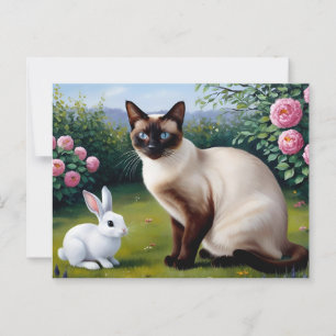 Siamese kat en knuffelkonijn in de zomertuin briefkaart
