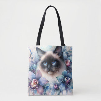 Siamese Kat en Orchideeën Waterverf Draagtas
