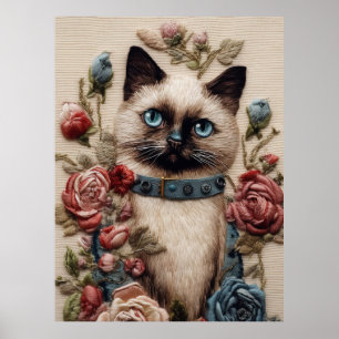 Siamese Kat en Rozen 3D Borduurwerk Kunst Poster