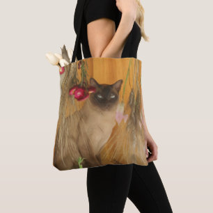 Siamese Kat Gedroogde Bloemen Foto Schilderij Draagtas