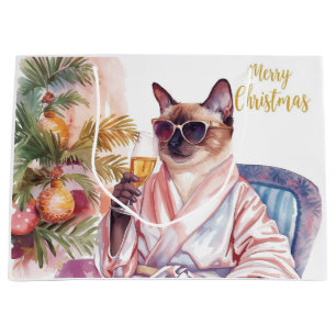 Siamese Kat Glam Kerstmis  Champagne drinkend  Groot Cadeauzakje