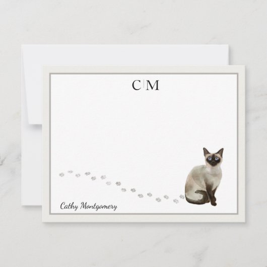 Siamese Kat Gray Border Monogram Naam Notitiekaartje (Voorkant)