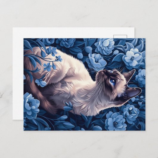 Siamese kat in blauwe bloemen briefkaart (Voorkant / Achterkant)