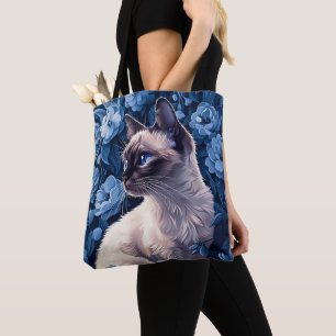 Siamese kat in blauwe bloemen draagtas