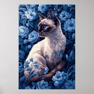 Siamese kat in blauwe bloemen poster