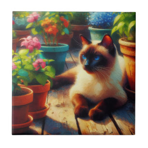 Siamese Kat in de Tuin Olieverfschilderij Tegeltje