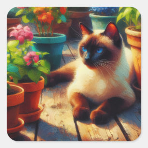 Siamese Kat in de Tuin Olieverfschilderij Vierkante Sticker