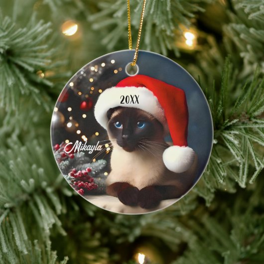 Siamese kat in een kerstmuts Keramisch Ornament (Boom)
