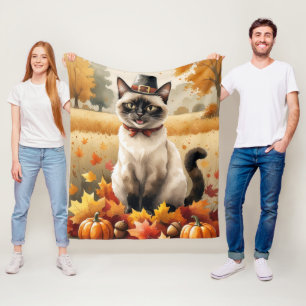 Siamese kat in herfstbladeren Thanksgiving-kunst Fleece Deken