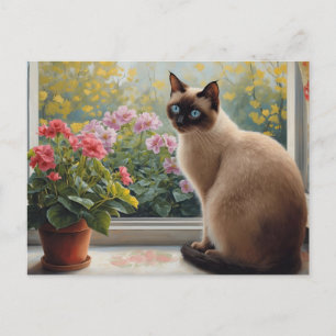 Siamese kat in het raam met uitzicht op de tuin briefkaart