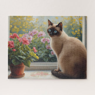 Siamese kat in het raam met uitzicht op de tuin legpuzzel