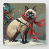 Siamese Kat in Sneeuw Kerstmis Vierkante Klok (Voorkant)