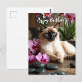 Siamese Kat in Spa met Paarse Orchidee Ansichtkaar Briefkaart (Voorkant / Achterkant)