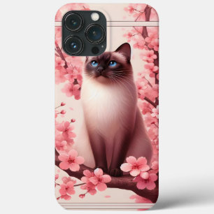 Siamese Kat Japanse Kersenbloesem Bloem Roze iPhone 13 Pro Max Hoesje
