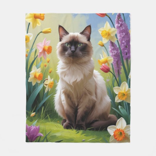 Siamese kat lente bloemen schilderen fleece deken (Voorkant)