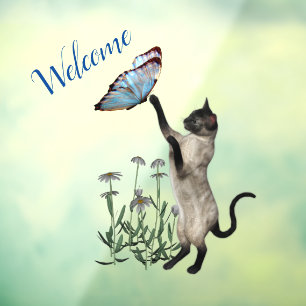 Siamese kat met blauw vlinder welkom raamsticker