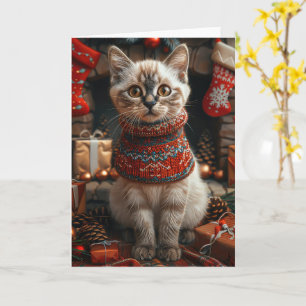 Siamese Kat Met Kerstcadeaus Open Haard Kaart