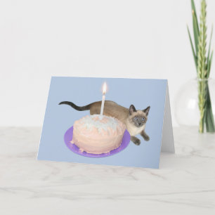 Siamese kat met verjaardagstaart kaart