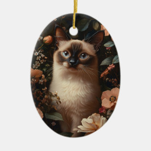Siamese Kat Omringd Door Blozende Roze Bloemen Keramisch Ornament