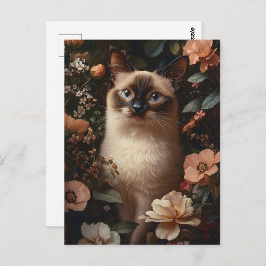 Siamese kat omringd door roze bloemetjes briefkaart (Voorkant / Achterkant)