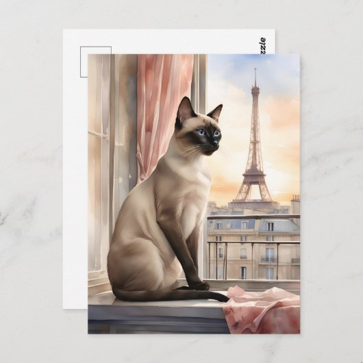 Siamese kat ontspant op Parijse vensterbank Briefkaart (Voorkant / Achterkant)