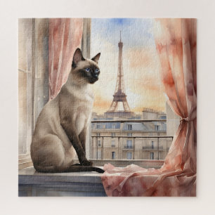 Siamese kat ontspant op Parijse vensterbank Legpuzzel