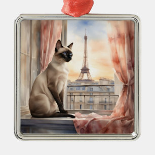 Siamese kat ontspant op Parijse vensterbank Metalen Ornament