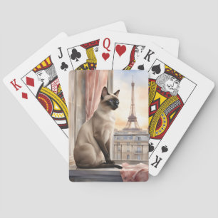 Siamese kat ontspant op Parijse vensterbank Pokerkaarten