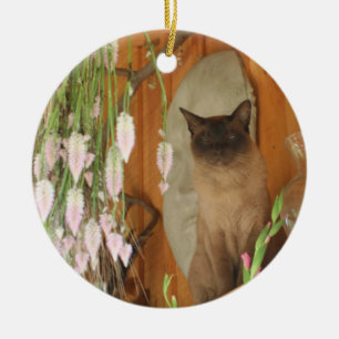 Siamese kat op planelbloemen dierlijk siermiddel keramisch ornament