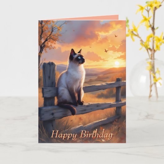 Siamese kat op split rail hek Verjaardag Kaart (Gele Bloem)