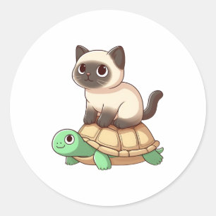 Siamese kat rijdt op schildpad Kopie Ronde Sticker