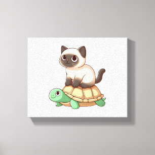 Siamese kat rijdt schildpad canvas afdruk