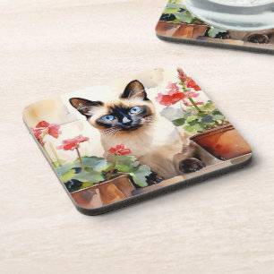Siamese Kat Rode Geranium Bloemen Waterverf Mooie Bier Onderzetter