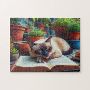 Siamese Kat Slapen op een Boek Tuin Schilderij Legpuzzel