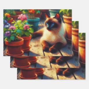 Siamese Kat Tuin Olieverfschilderij Decoupage Inpakpapier Vel