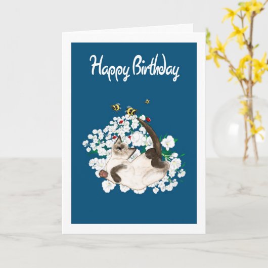 Siamese kat Verjaardag Kaart - Eigen groet toevoeg (Gele Bloem)
