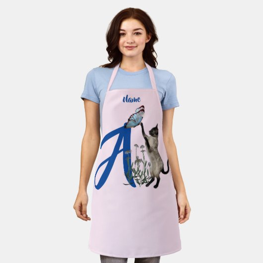 Siamese Kat Vlinder Monogram Initiaal A Naam Schort (Gedragen)