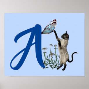 Siamese Kat Vlinder Schattig Monogram Initiaal A Poster