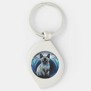 Siamese kat, zwart blauw en wit abstract sleutelhanger