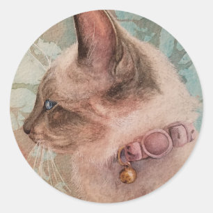 Siamese Kitten Pink Collar Waterverf Art Ronde Sticker