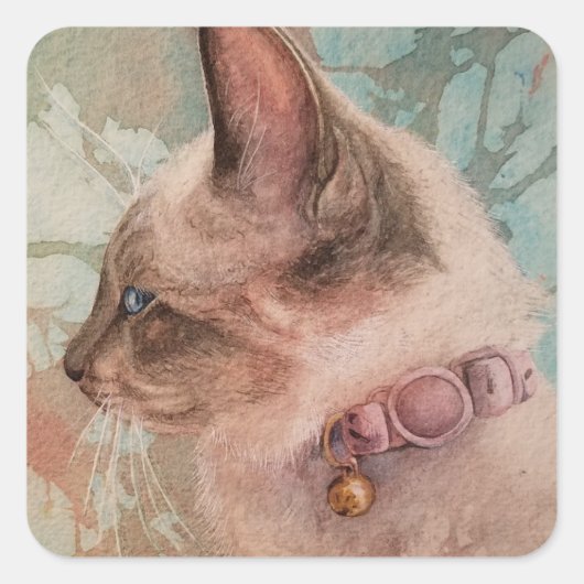 Siamese Kitten Pink Collar Waterverf Art Vierkante Sticker (Voorkant)