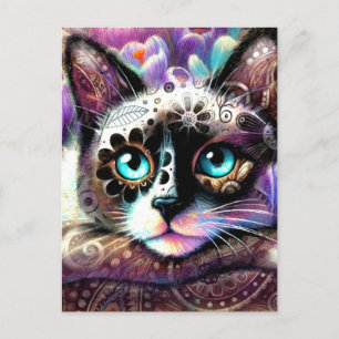 Siamese Kitty Cat Crocus Floral Paarse Blauwgroen Briefkaart