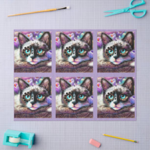 Siamese Kitty Cat Krokus Bloemige Paarse Decoupage Tissuepapier