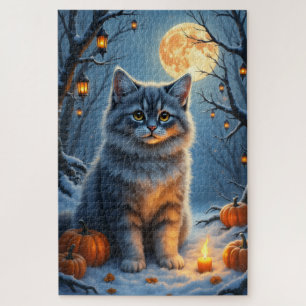 Siberiaanse kat betoverde Halloween-portretkunst Legpuzzel
