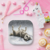 Siberian Huskey Creating a Snow Angel Papieren Bordje (Feest)