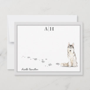 Siberian Huskie Gray Border Monogram op persoonlij Notitiekaartje