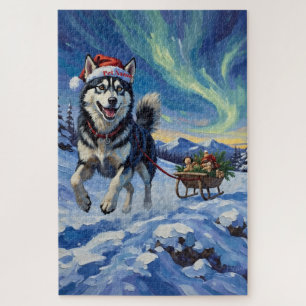 Siberian Husky Arctische sleeënloop Kerstmuts Legpuzzel