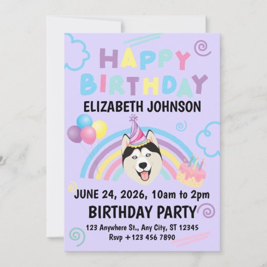 Siberian Husky Birthday Invitation in Purple (Devant)