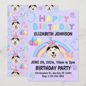 Siberian Husky Birthday Invitation in Purple (Devant / Derrière)